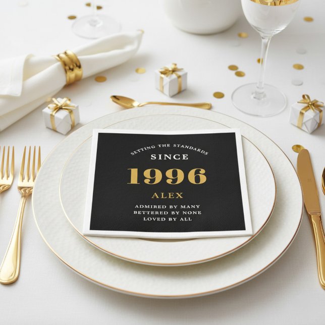 30th Birthday Name 1996 Black Gold Elegant Chic Napkins (1996 paper napkin on a plate.)