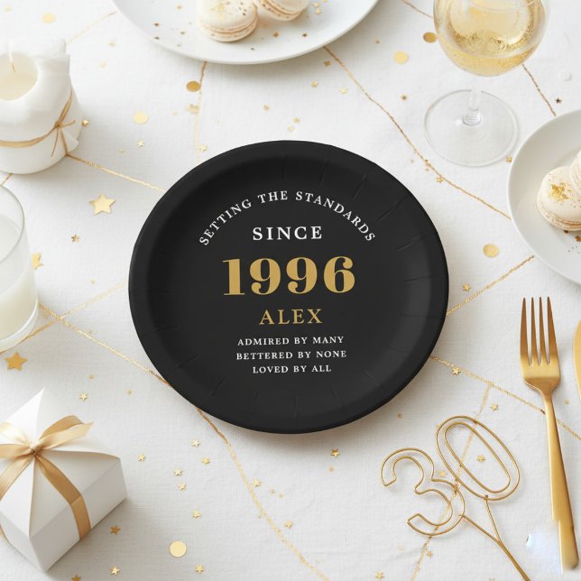 30th Birthday Name 1996 Black Gold Elegant Chic Paper Plates (1996 Black birthday paper plate. White and gold background.)
