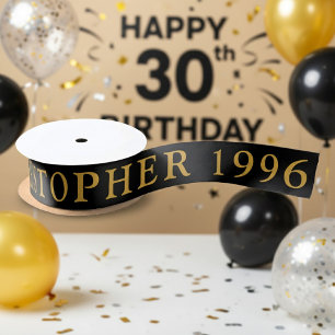 30th Birthday Name 1996 Black Gold Elegant Chic Satin Ribbon