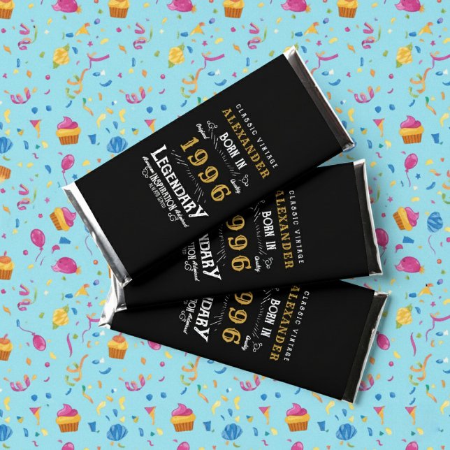 30th Birthday Name 1996 Black Gold Legend Hershey Bar Favors (Born 1996 Hershey bar wrappers. Blue patterned background.)
