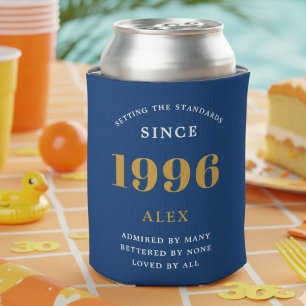 30th Birthday Name 1996 Blue Gold Elegant Chic Can Cooler