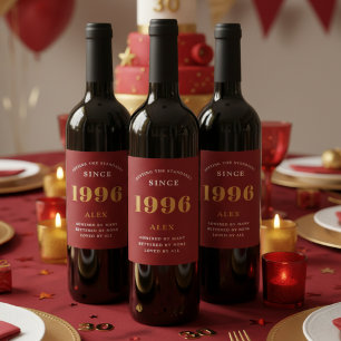 30th Birthday Name 1996 Red Gold Elegant Chic Wine Label