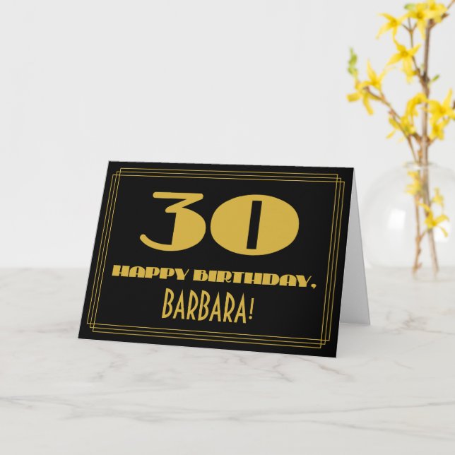30th Birthday: Name + Art Deco Inspired Look "30" Card (Yellow Flower)