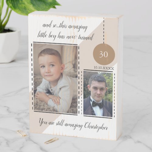 30th Birthday name date brown white photos  Wooden Box Sign