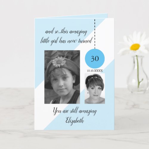 30th Birthday name date sky blue white photo Card