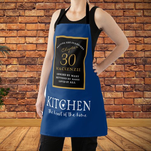 30th Birthday Name Elegant Black Gold Blue Apron