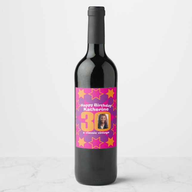30th birthday name pink photo custom wine labels (Front)