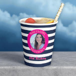 30th Birthday Nautical Photo Party Cups<br><div class="desc">Make a splash with these personalized birthday cups, designed for a fun nautical-themed celebration. The eye-catching navy blue and white stripes paired with a bright pink circle create a festive look that's perfect for any party. Easily add a special photo of the birthday girl and her name, transforming these simple...</div>