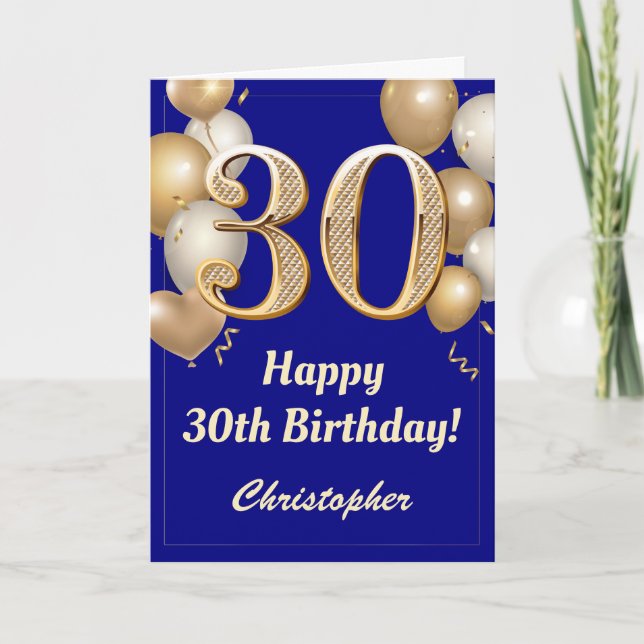 30th Birthday Navy Blue and Gold Balloons Confetti Card (Front)