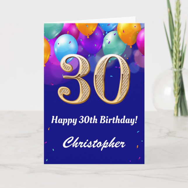 30th Birthday Navy Blue and Gold Colorful Balloons Card (Front)