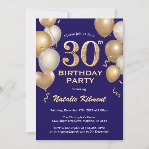30th Birthday Navy Blue and Gold Glitter Balloons Invitation
