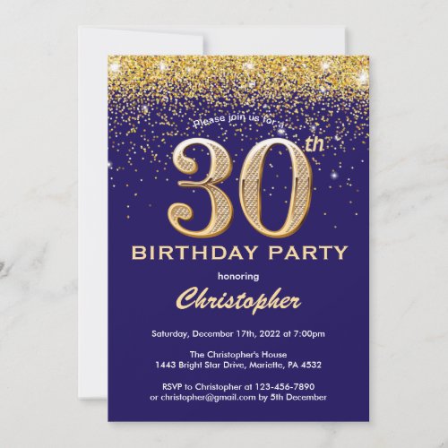 30th Birthday Navy Blue and Gold Glitter Confetti Invitation