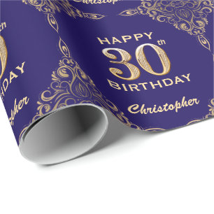 30th Birthday Navy Blue and Gold Glitter Frame Wrapping Paper