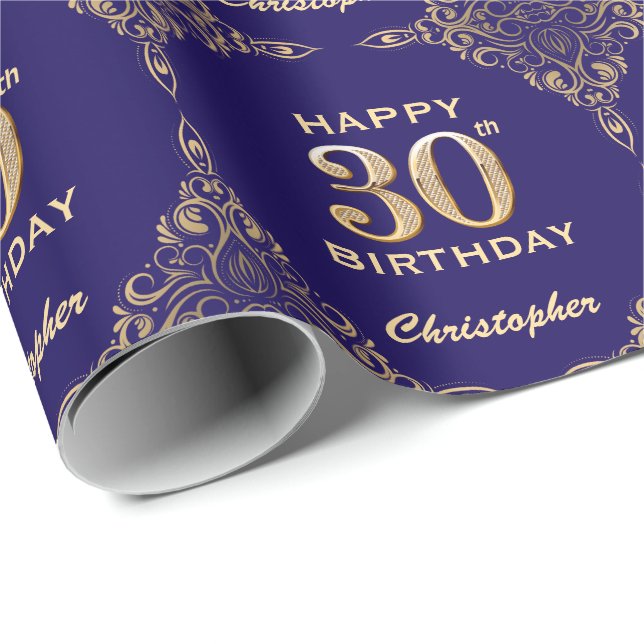 30th Birthday Navy Blue and Gold Glitter Frame Wrapping Paper (Roll Corner)