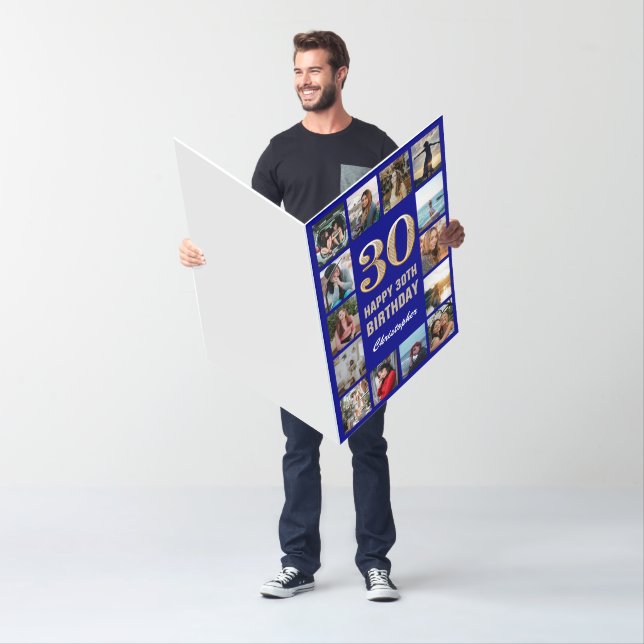 30th Birthday Navy Blue and Gold Photo Collage Card (In Situ)