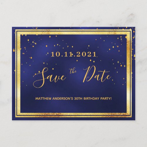 30th birthday navy blue gold save the date postcard