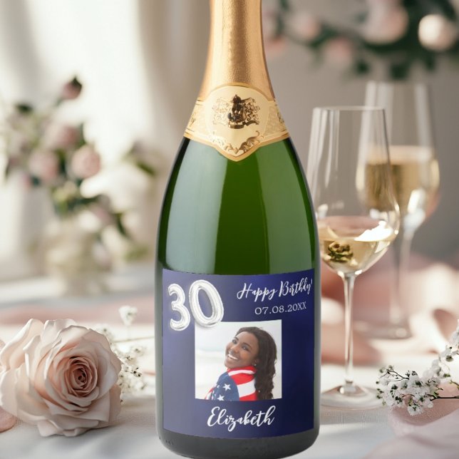 30th Birthday navy blue photo Sparkling Wine Label (Creator Uploaded)