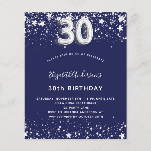 30th birthday navy blue silver budget invitation flyer