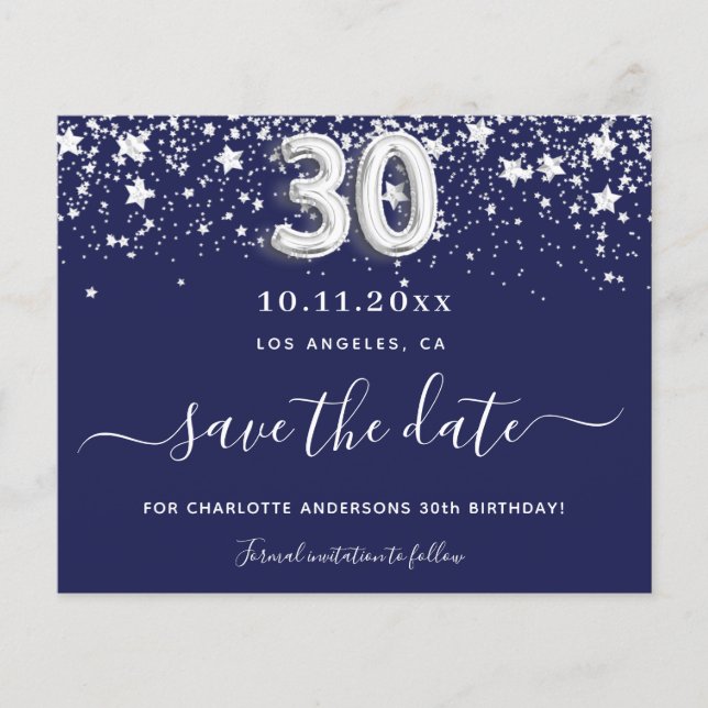 30th birthday navy blue silver budget save date flyer (Front)