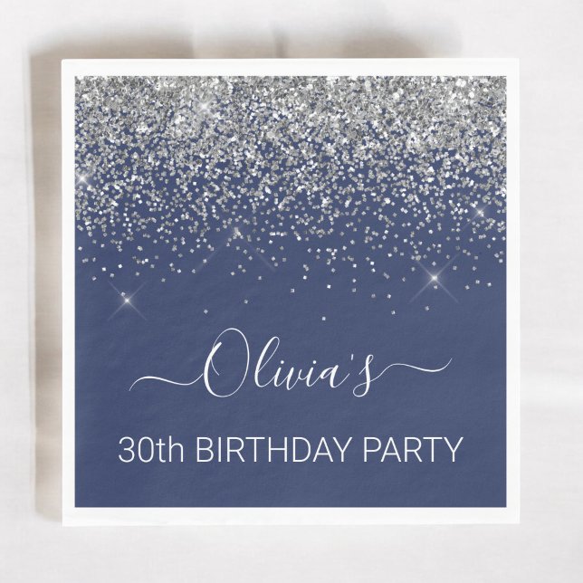 30th Birthday Navy Blue Silver Glitter Any Age Napkins (Creator Uploaded)