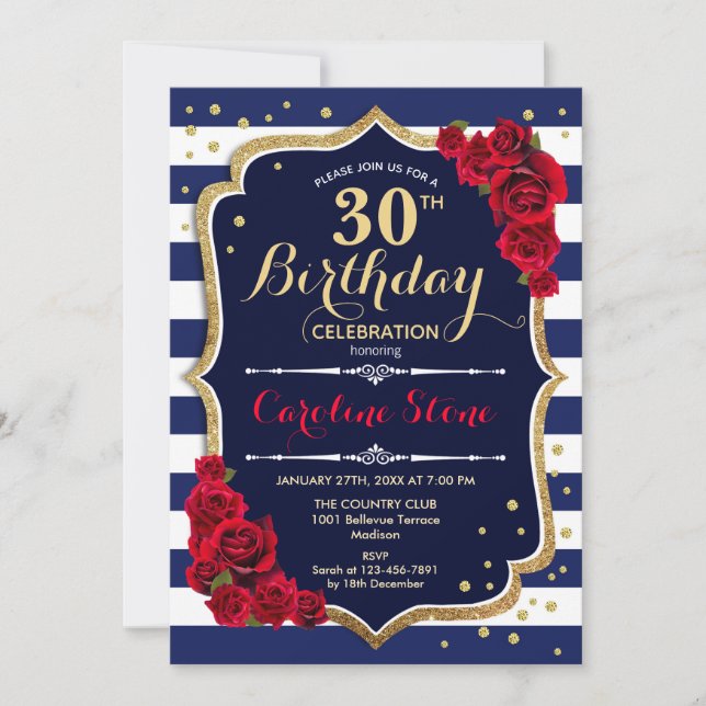 30th Birthday - Navy White Stripes and Red Roses Invitation (Front)