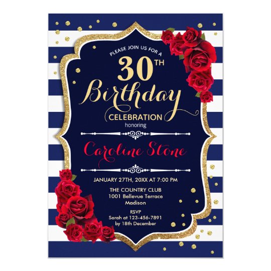 30th birthday navy white stripes and red roses black and white 30th birthday invitations