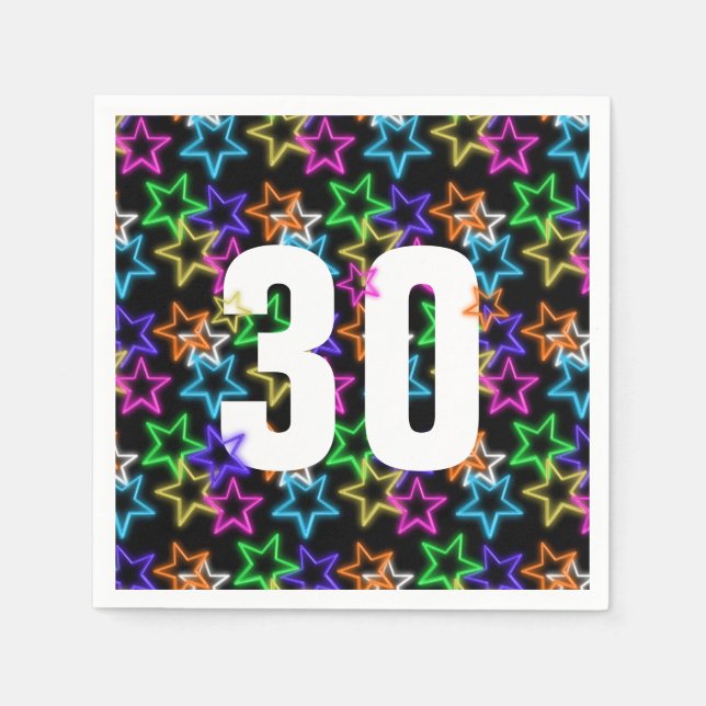 30th Birthday Neon Stars On Black  Napkins (Front)