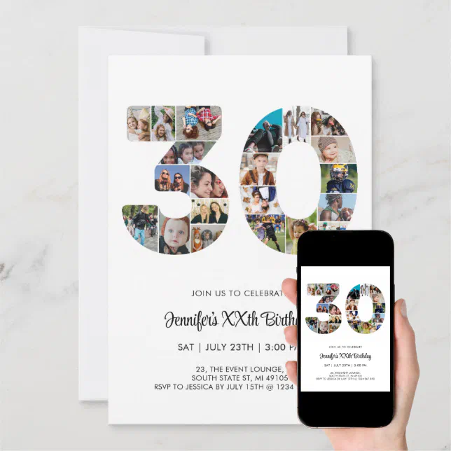 30th birthday number 30 custom photo collage invitation zazzle