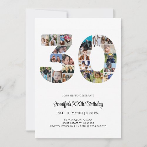 30th Birthday Number 30 Custom Photo Collage Invitation