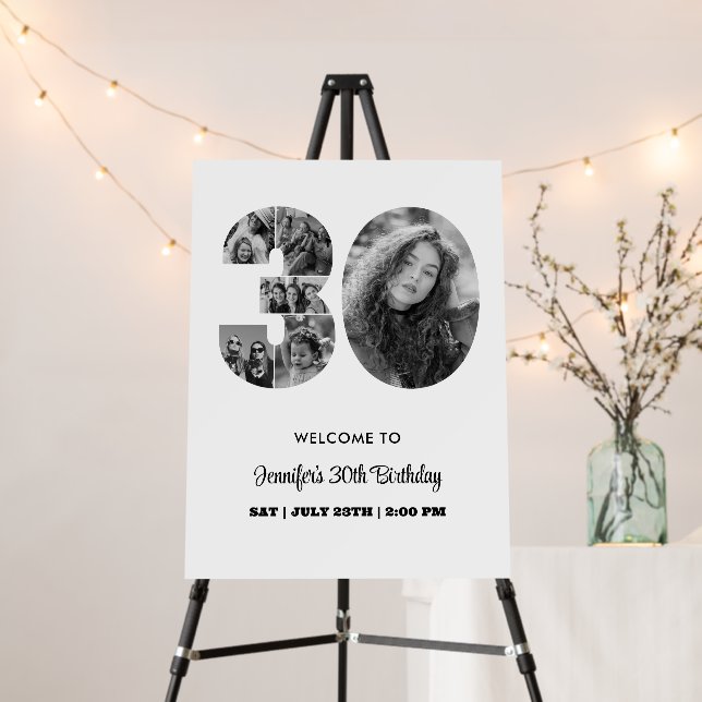 30th Birthday Number 30 Photo Collage Black White Foam Board (In Situ (Stand))