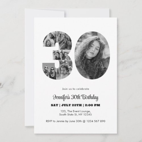 30th Birthday Number 30 Photo Collage Black White Invitation