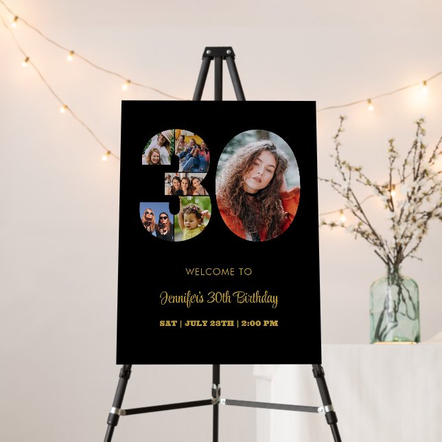 30th Birthday Number 30 Photo Collage Modern Black Foam Board (In Situ (Stand))