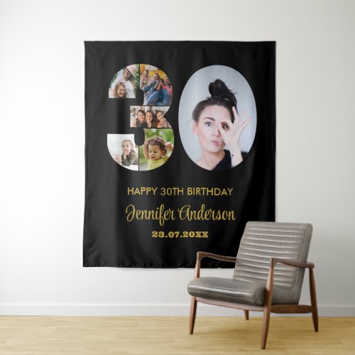 30th Birthday Number 30 Photo Collage Modern Black Tapestry