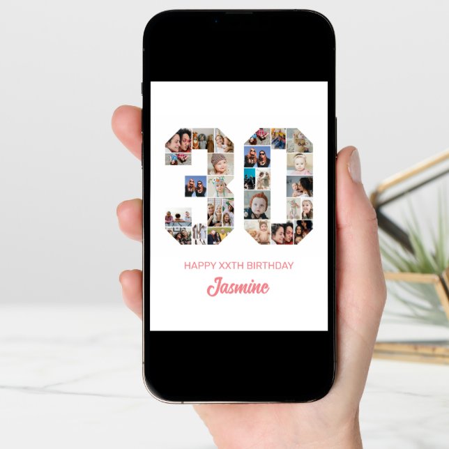 30th Birthday Number 30 Photo Collage Personalized Card (Front Digital)