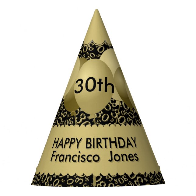 30th Birthday Number Pattern Gold/Black Scallops Party Hat (Front)