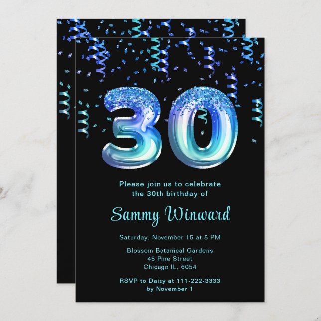 30th Birthday Ocean Balloons with Confetti Invitation (Front/Back)