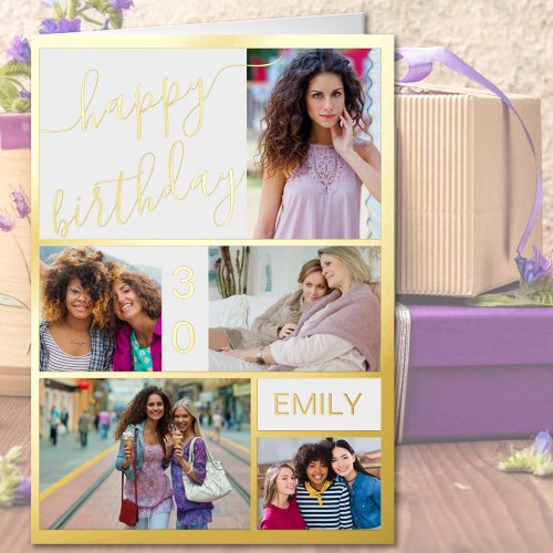 30th Birthday or Any Age 5 Photo White and Gold Foil Greeting Card