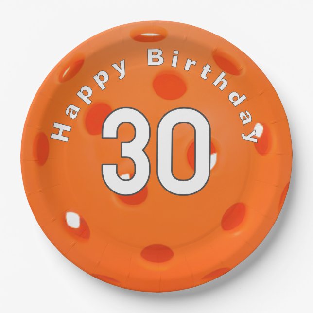 30th Birthday Orange Pickleball Paper Plates (Front)