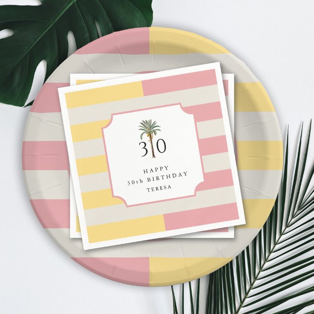 30th Birthday Palm Beach Pastel Stripe Tropical Napkins (Creator Uploaded)