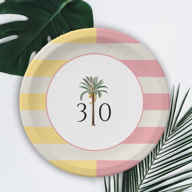 30th Birthday Palm Beach Tropical Pastel Stripe Paper Plates (Creator Uploaded)
