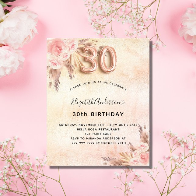 30th birthday pampas grass rose budget invitation flyer (Creator Uploaded)