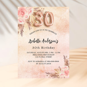 30th birthday pampas grass rose gold flower luxury invitation
