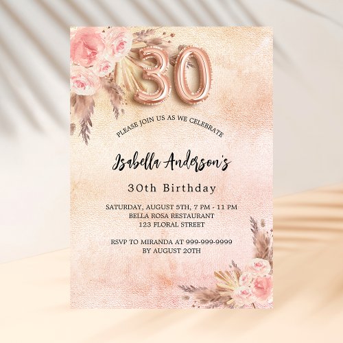 30th birthday pampas grass rose gold flower luxury invitation