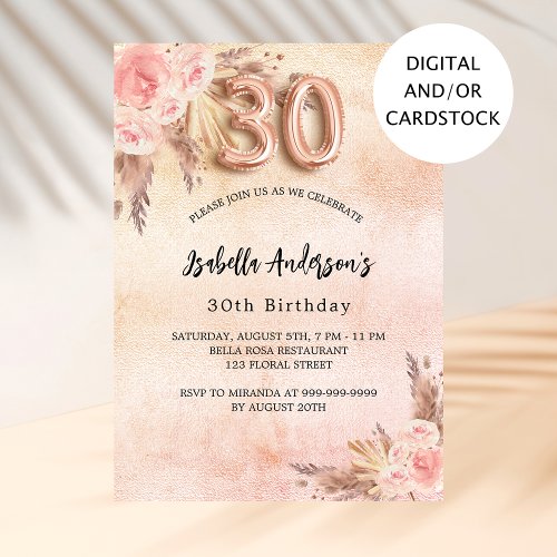 30th birthday pampas grass rose gold flowers invitation