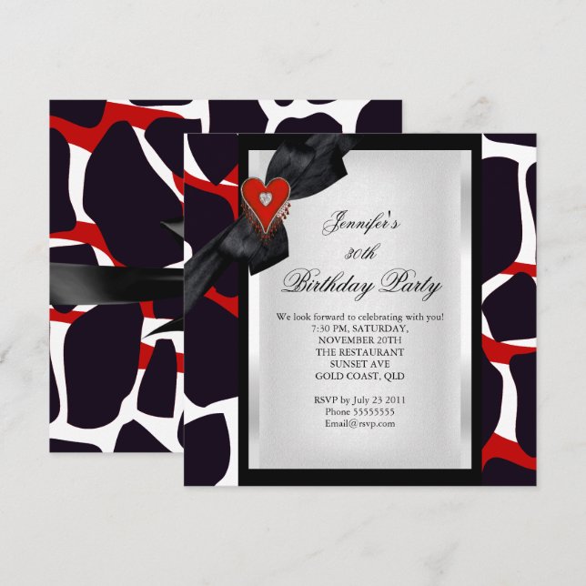30th Birthday Party Animal Print Red White Black Invitation (Front/Back)