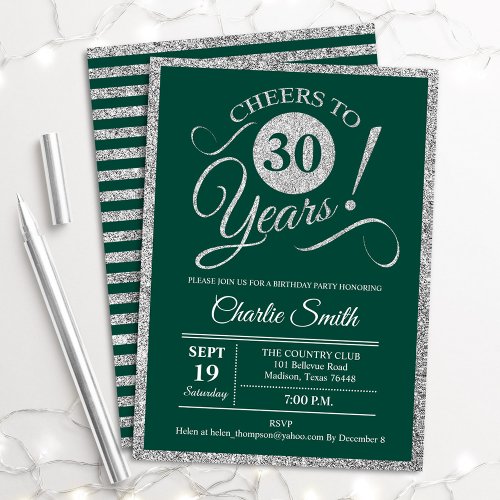 30th Birthday Party _ ANY AGE Green Silver Invitation