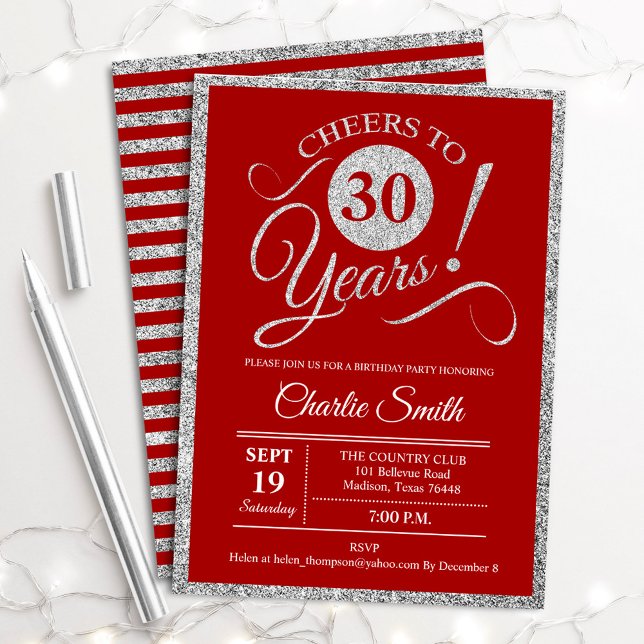 30th Birthday Party - ANY AGE Red Silver Invitation (Creator Uploaded)