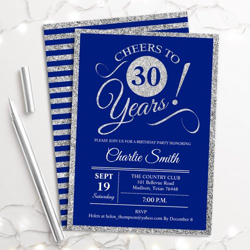30th Birthday Party _ ANY AGE Silver Royal Blue Invitation