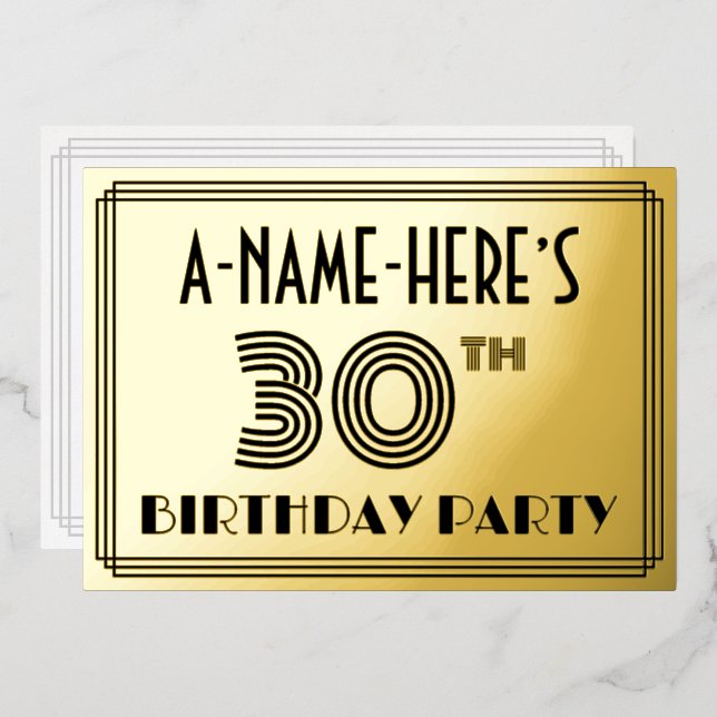 30th Birthday Party — Art Deco Style “30” & Name Foil Invitation (Front/Back)
