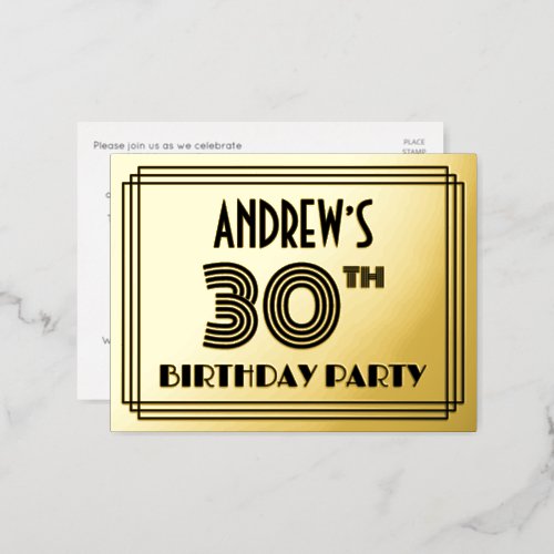 30th Birthday Party  Art Deco Style 30  Name Foil Invitation Postcard